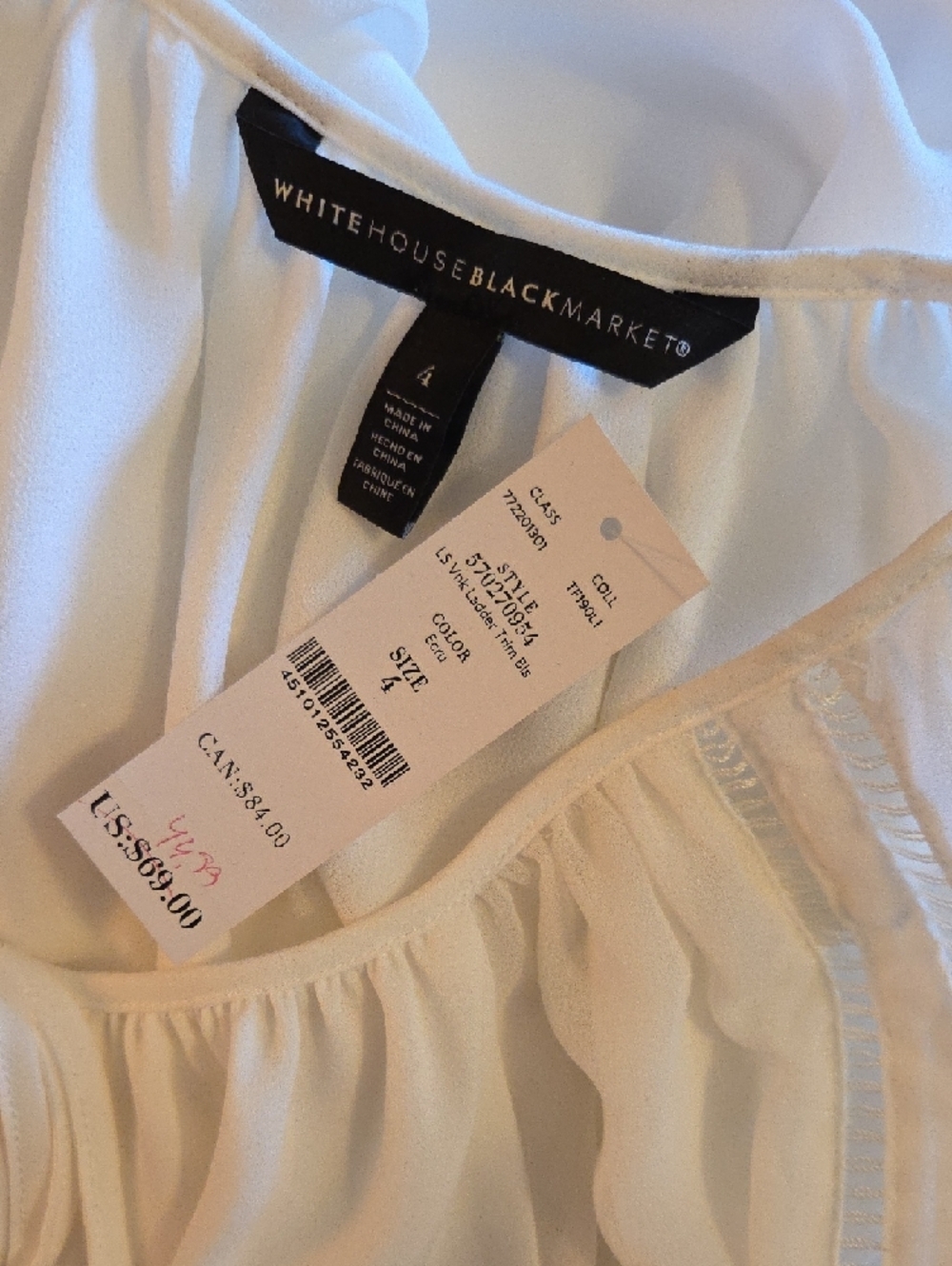 NWT White House Black Market White Tie-neck Sheer Sleeve Blouse - Picture 5 of 5